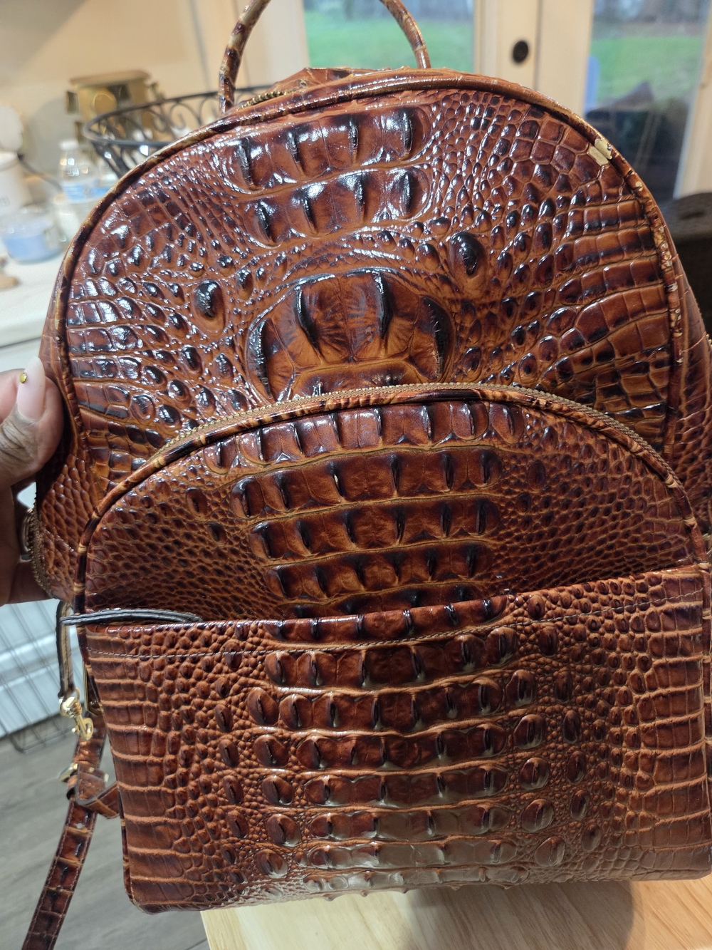 Brahmin Croc-Embossed Leather Backpack in Cognac Brown